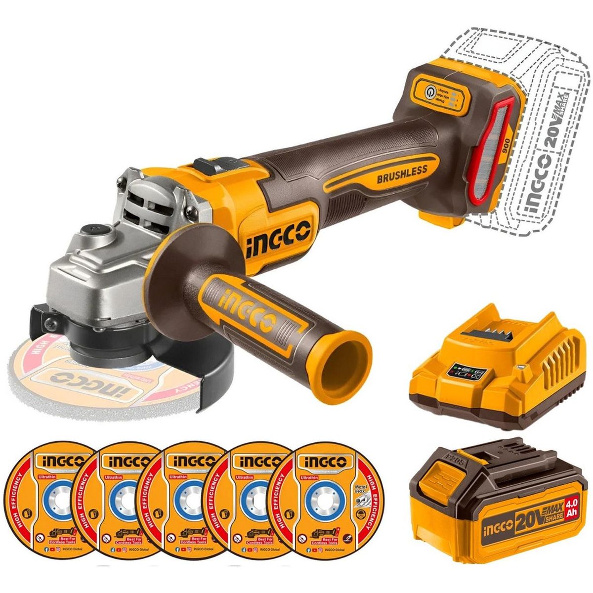 INGCO - Amoladora inalambrica 900w + bateria 4ah y cargador industrial Ingco