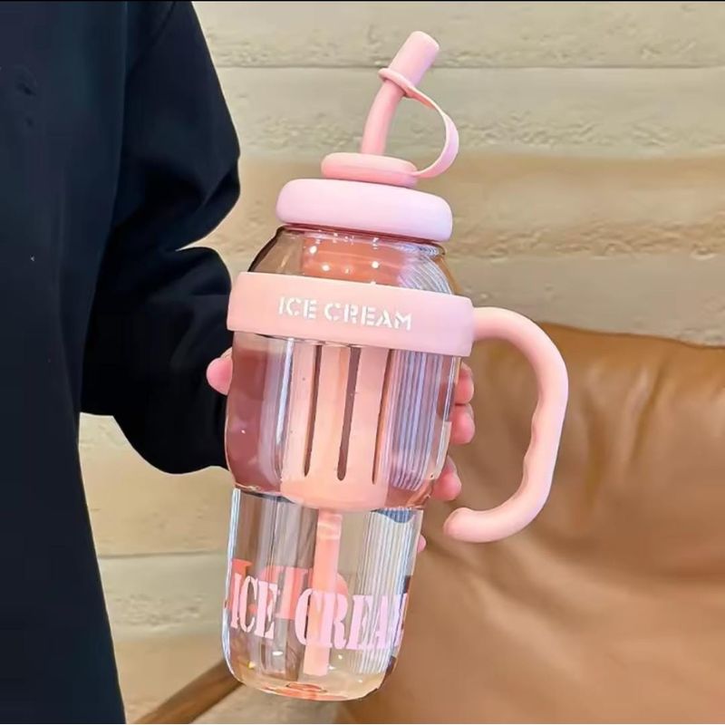 GENERICO - TOMATODO VASO BOTELLA ICE CREAM CON CAÑITA DE 1400 ML ROSA MELON