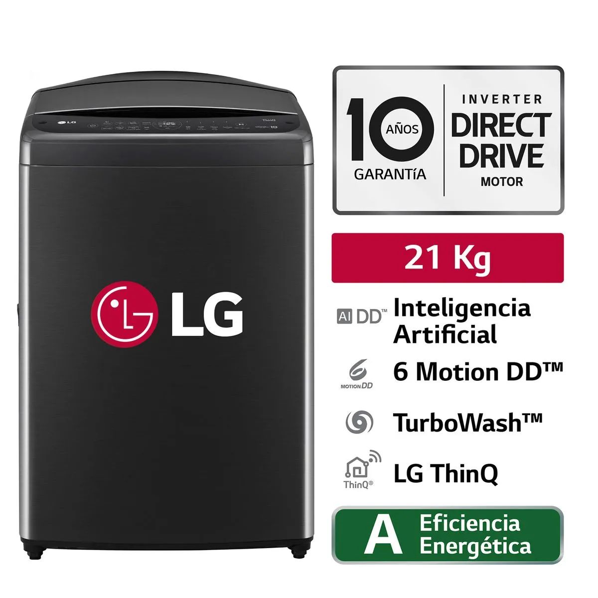 LG - Lavadora LG 21Kg AI DD Carga Superior Negro Plateado