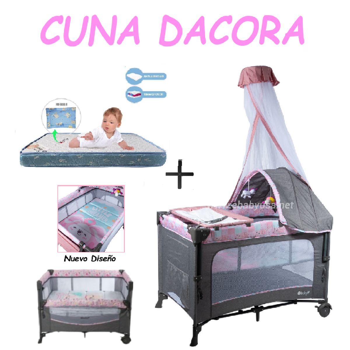 EBABY - Nueva Cuna Corral Dacora Rosado - Colchon Azul