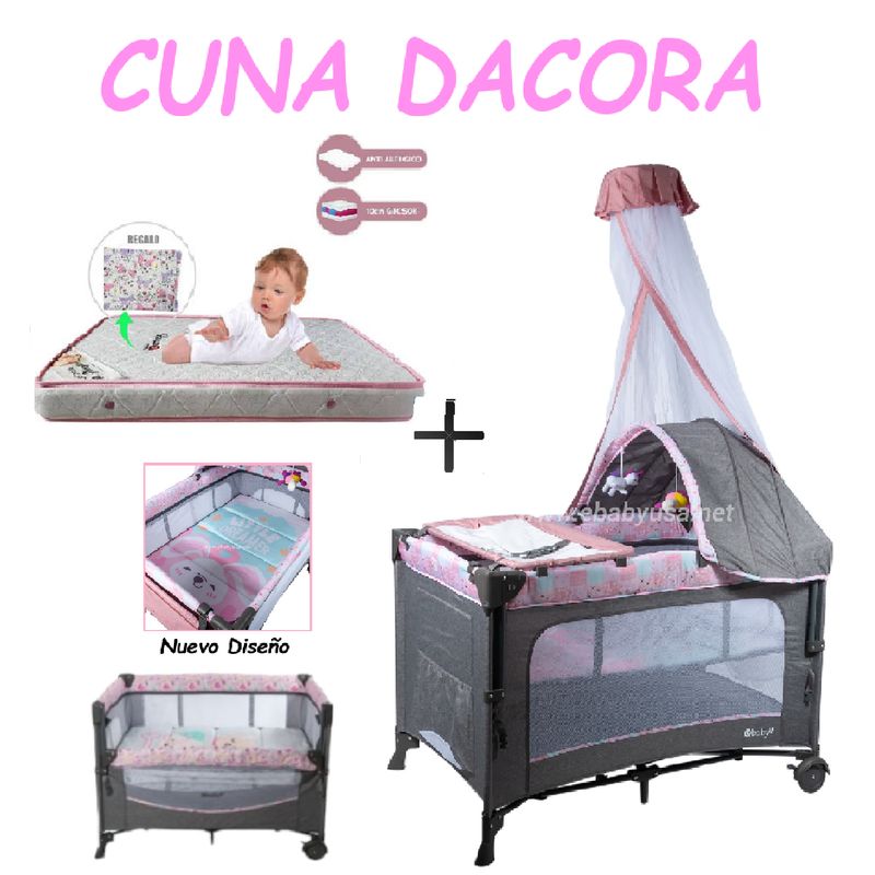 EBABY - Nueva Cuna Corral Dacora Rosado - Colchon Rosa