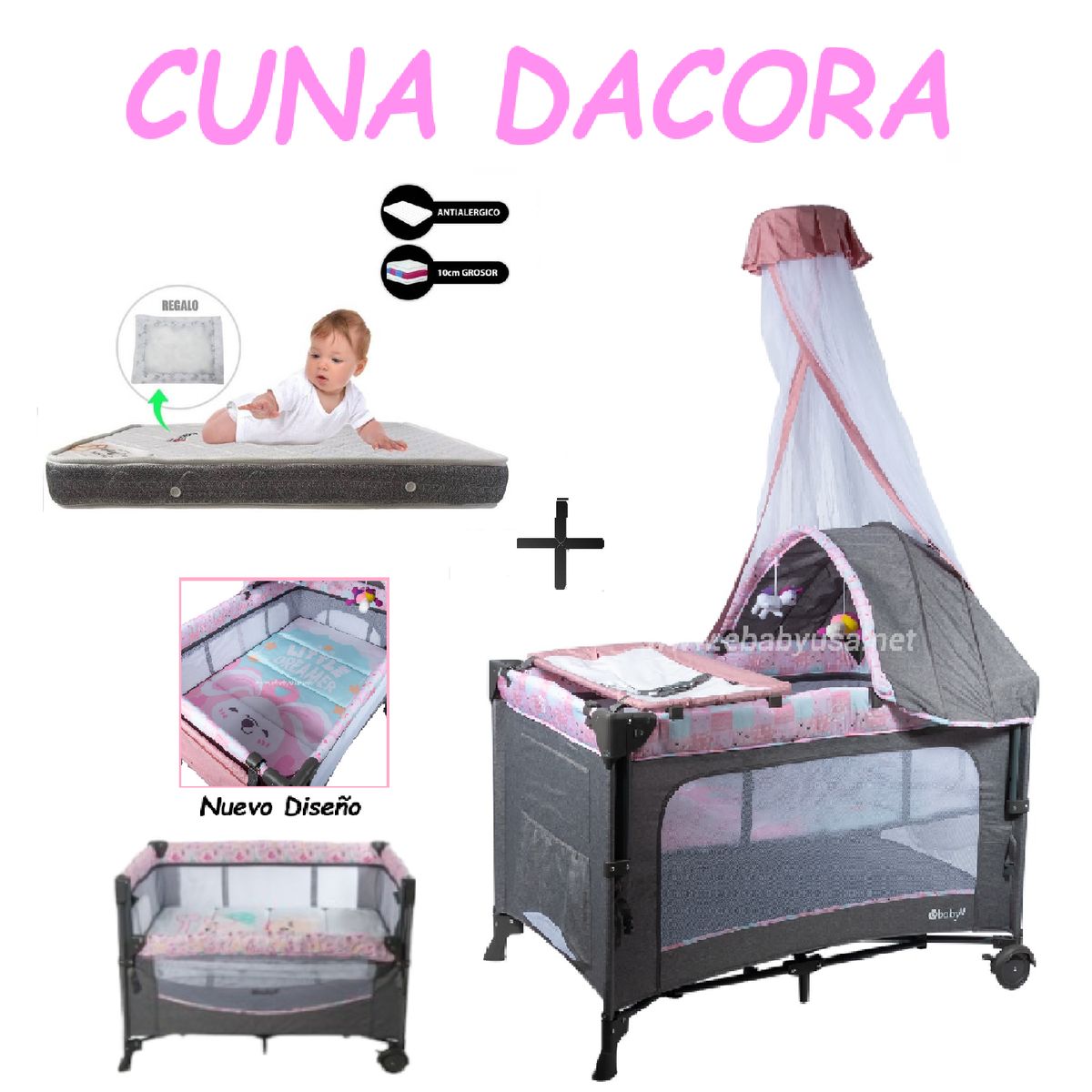 EBABY - Nueva Cuna Corral Dacora Rosado - Colchon Gris