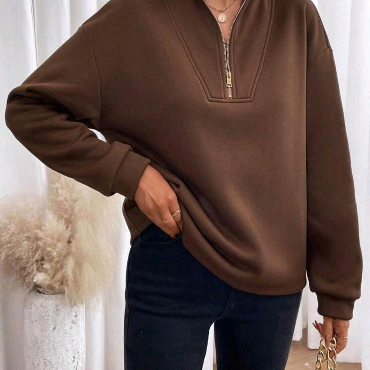 GENERICO - SHEIN Essnce Sudadera con cremallera media de hombros caídos