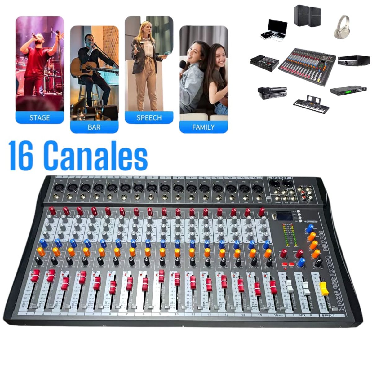 OEM - Mezcladora 16Canales Digital con Phantom Reverb Delay y Chorus