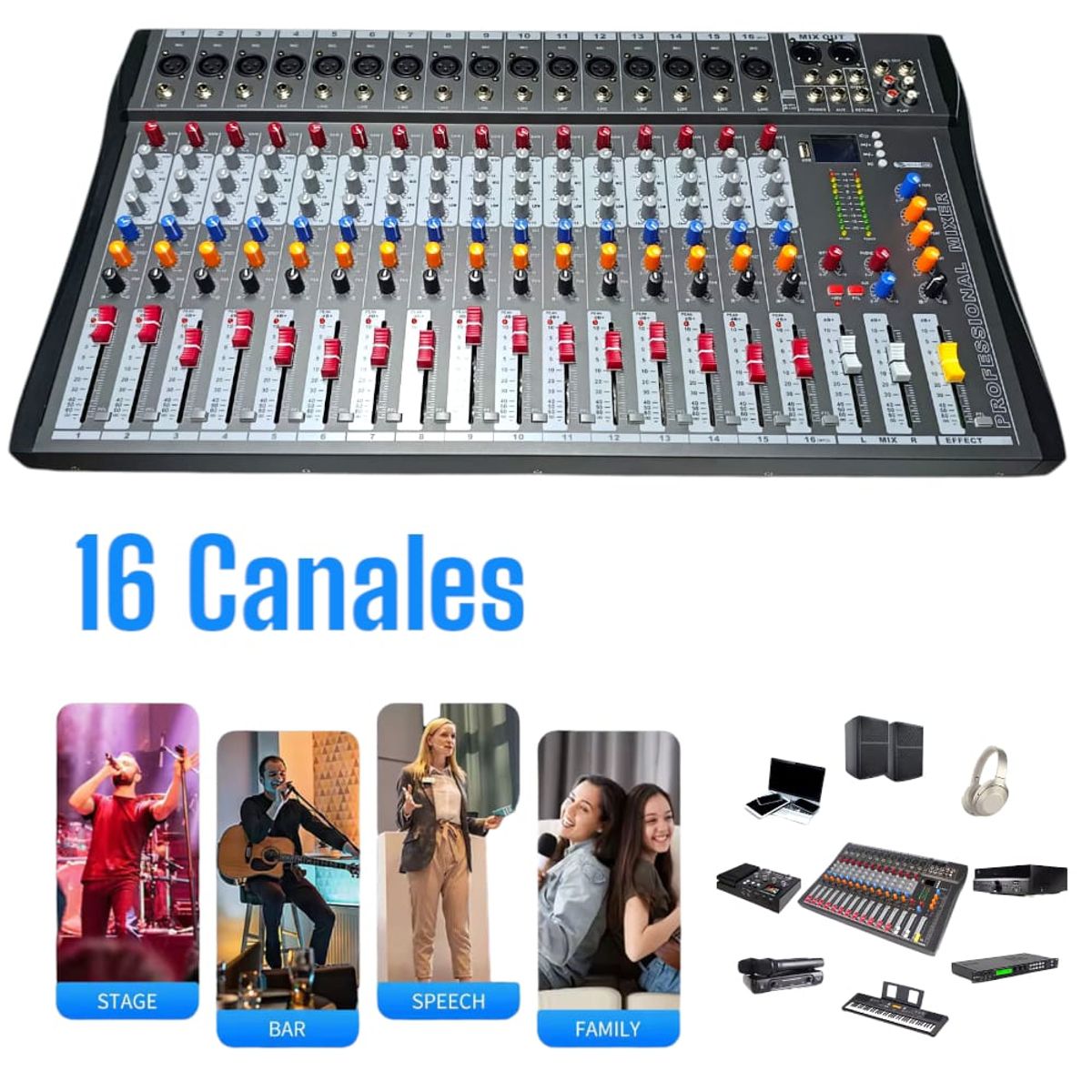 OEM - Consola de Sonido 16Canales con Conectividad USB y Reproductor MP3