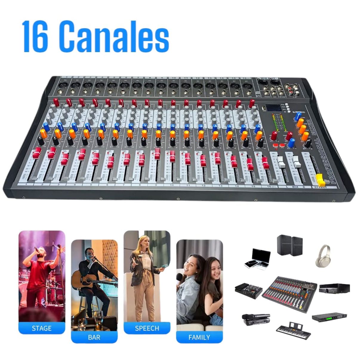 OEM - Mezcladora 16Canales Compacta con Ecualizador Gráfico y Bluetooh