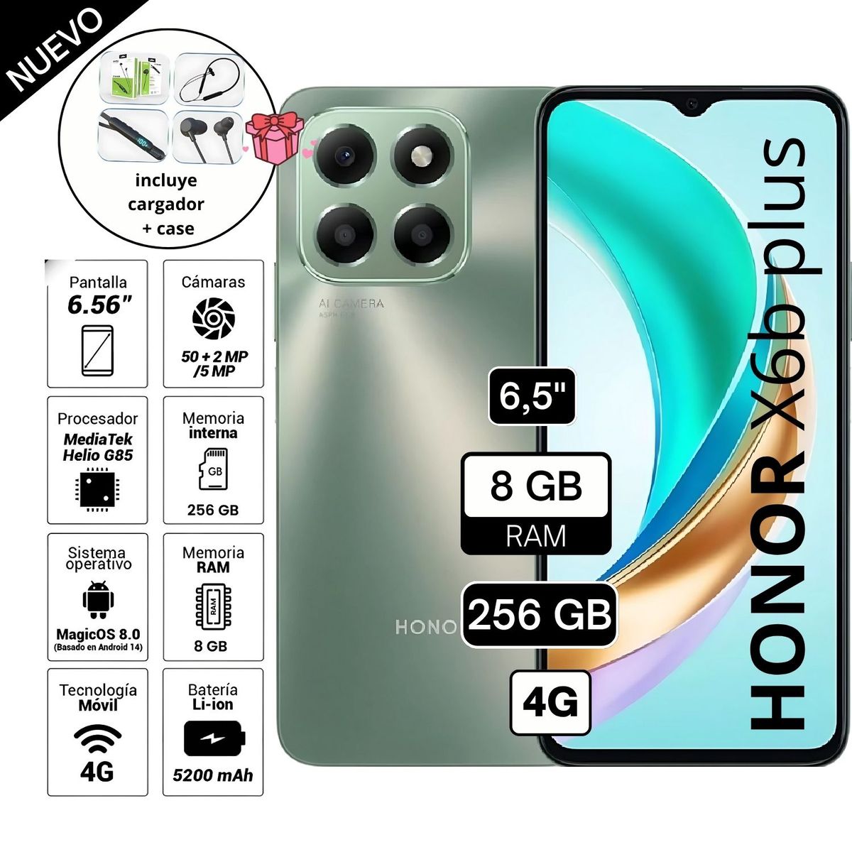 HONOR - Celular Libre Honor X6B Plus 6.5 Pulg 256GB 8GB RAM verde foresta