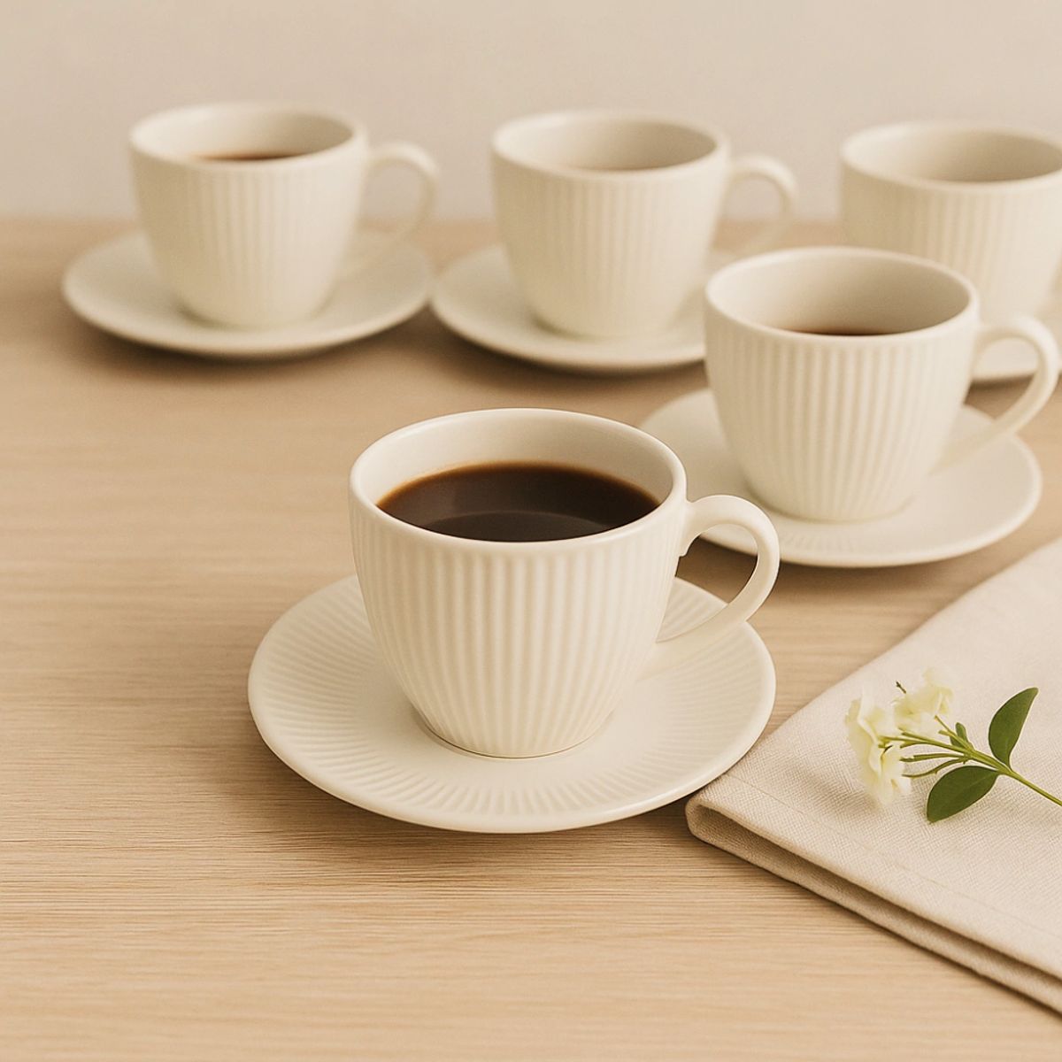 INSPIRA - Set de 6 Tazas y Plato de Cerámica Labrada 250 ml