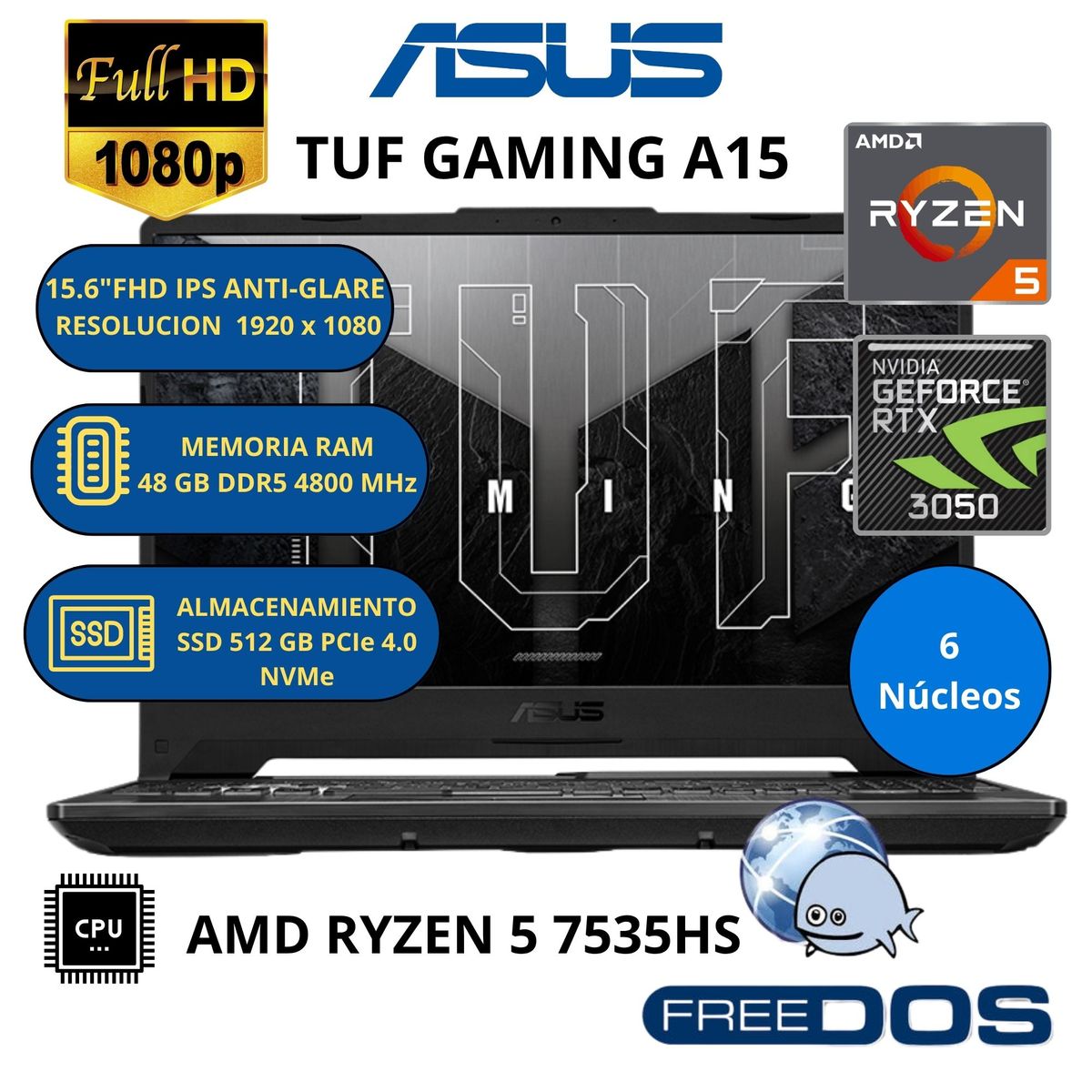 ASUS - Laptop TUF GAMING A15 AMD RYZEN 5-RAM 48 GB SSD 512 GB RTX 3050 con 4 GB GDDR6