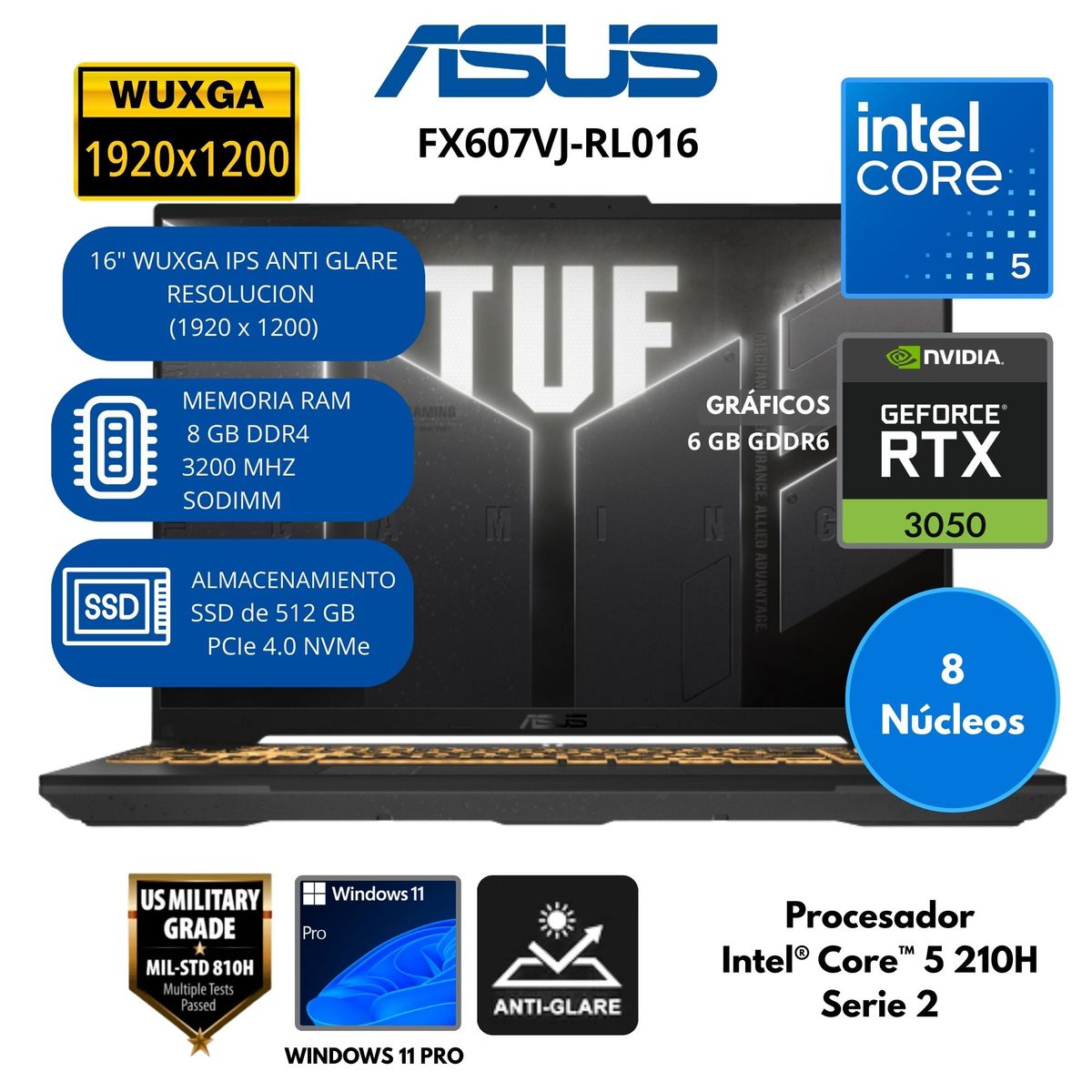 ASUS - Laptop Asus TUF F16 (FX607VJ-RL016) INTEL CORE 5-RAM 8 GB SSD 512 GB RTX 3050 con 6GB GDDR6 Win 11