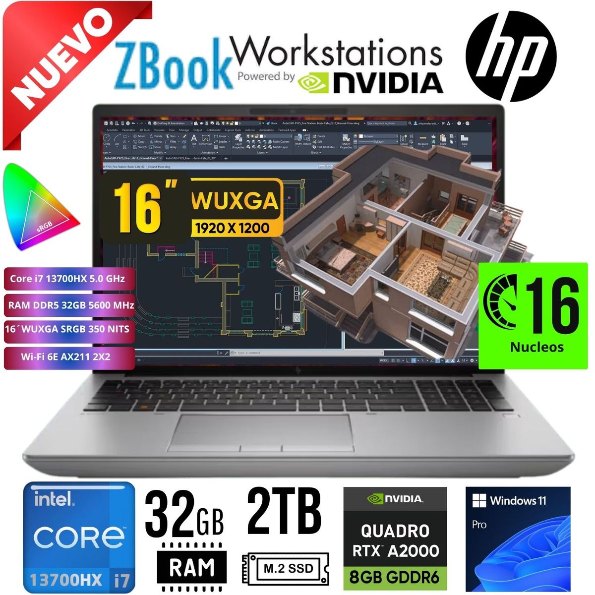 HP - LAPTOP HP ZBook Fury G10 16 Core i7-13700HX 16" WUXGA RAM 32GB SSD 2TB NVIDIA RTX 2000 8GB W11 PRO
