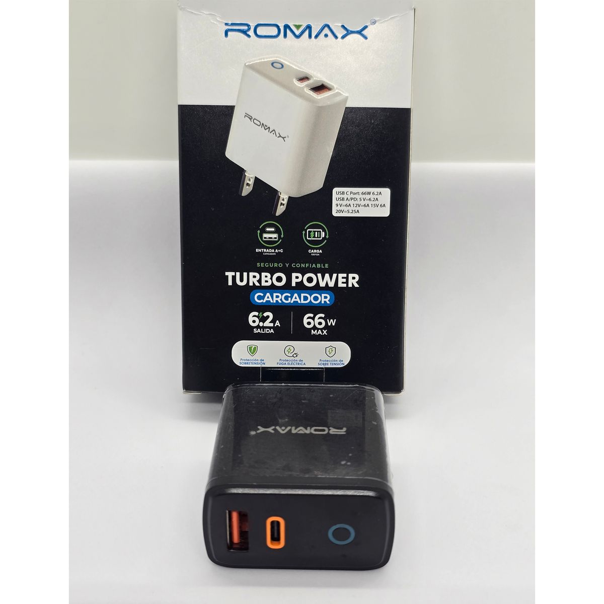 ROMAX - CARGADOR DADO ROMAX TURBO POWER 66W 2 PUERTOS PD/USB
