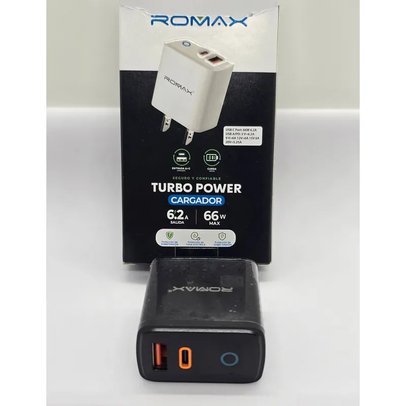 ROMAX - CARGADOR DADO ROMAX TURBO POWER 66W 2 PUERTOS PD/USB