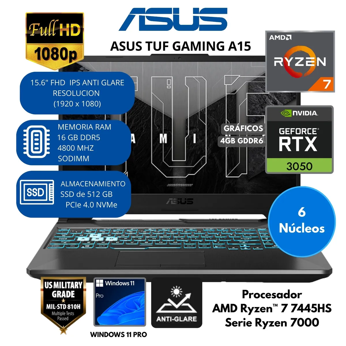 ASUS - Laptop ASUS AMD Ryzen 7 (TUF GAMING A15) RAM 16 GB SSD 512 GB 15.6" FHD IPS Windows 11 PRO