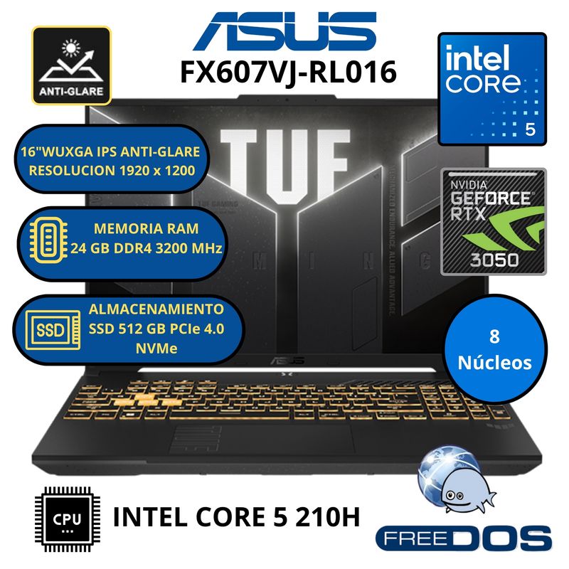 ASUS - Laptop Asus gaming TUF F16 FX607VJ-RL016 INTEL CORE 5-RAM 24 GB SSD 512GB RTX 3050 con 6GB GDDR6