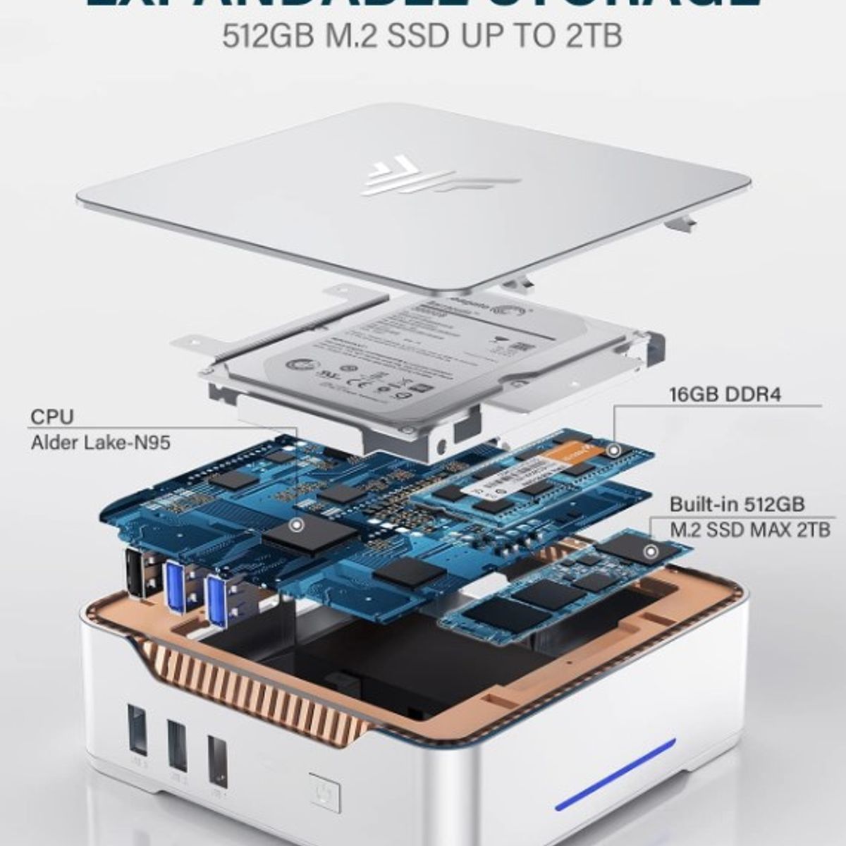 GENERICO - KAMRUI Mini PC GK3Plus,16GB ram 512 GB,12th Alder Lake N95, Micro PC,Silver