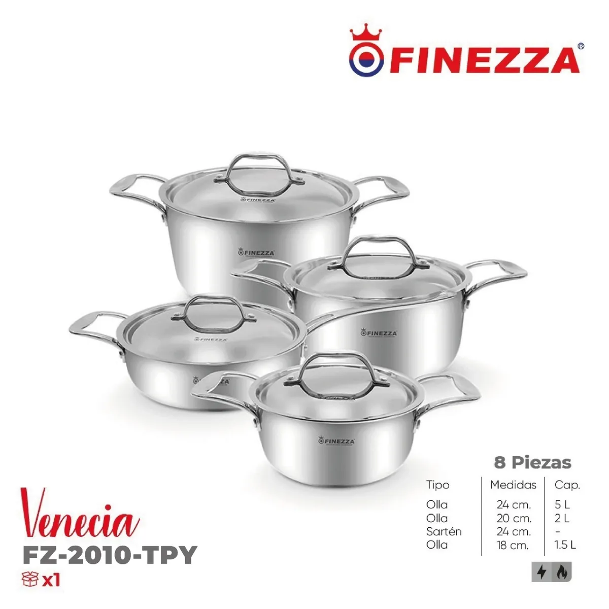 FINEZZA - Juego de Ollas de 8 Piezas Finezza Acero Inoxidable FZ-2010TPY