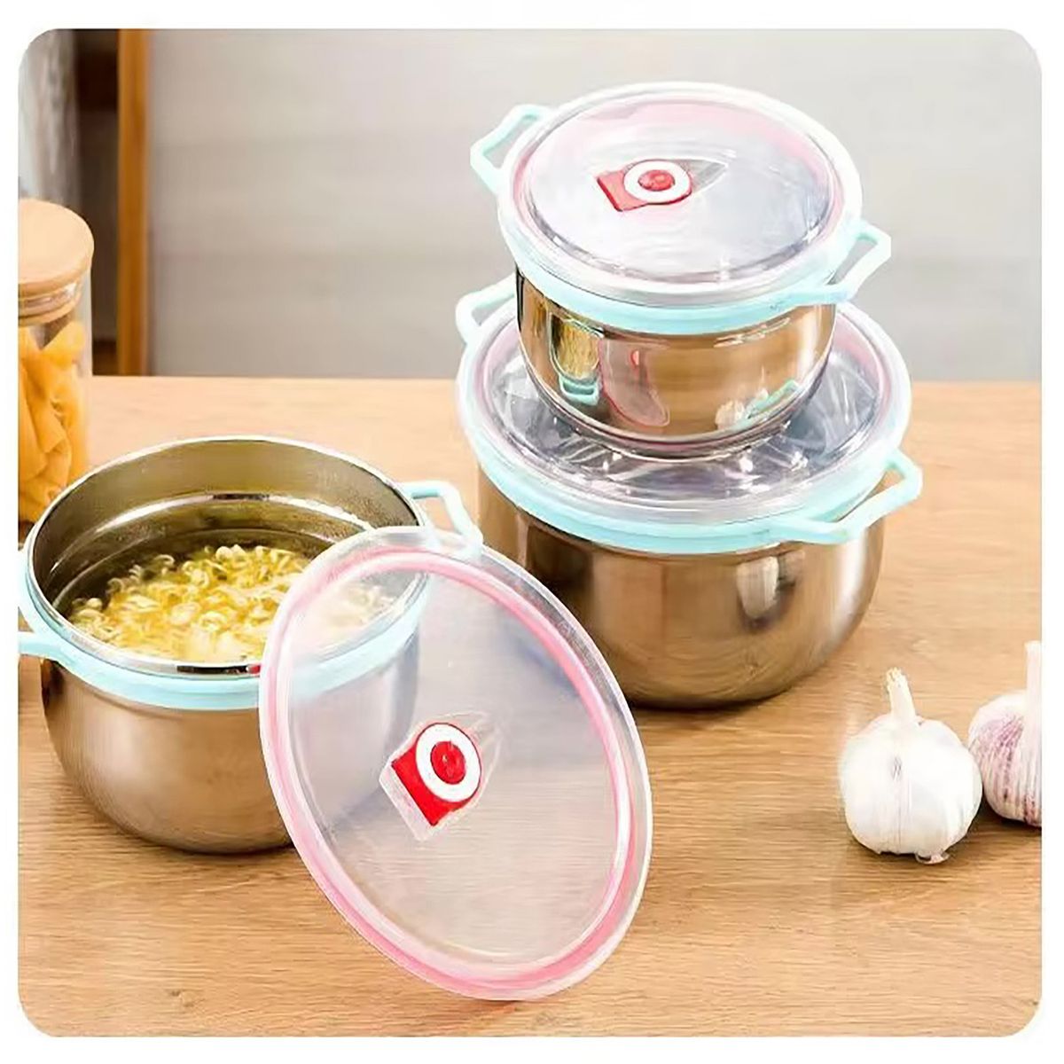 GENERICO - Set de 3 Contenedores o Bowls de Acero con Tapa y Asa color Celeste