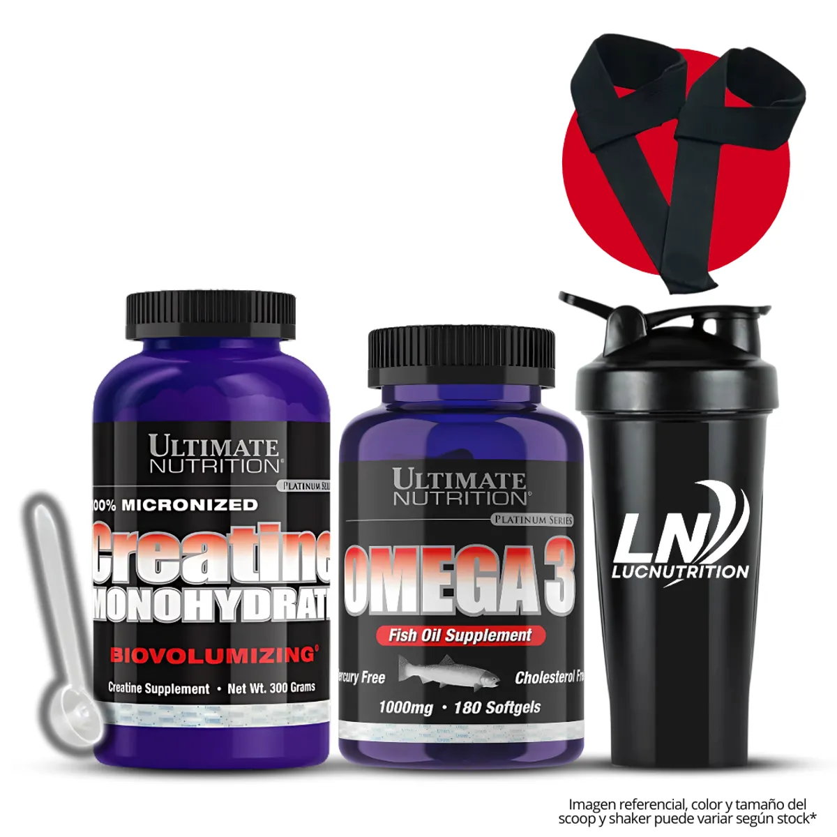 ULTIMATE NUTRITION - Omega 3 Ultimate Nutrition 180 capsulas + Creatina ultimate 300 g + Shaker + Straps