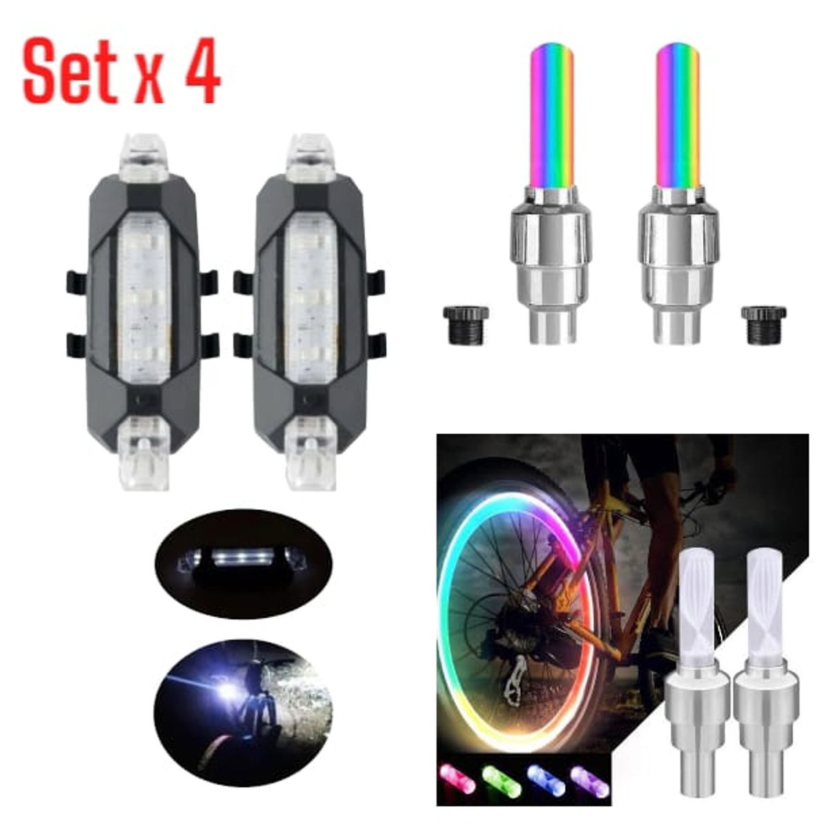 OEM - Luces LED RGB para Bicicleta: 2 Ruedas + 2 Traseras Visibles