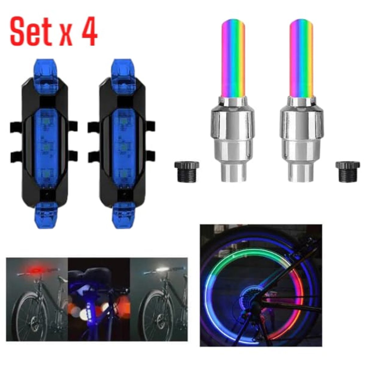 OEM - Set de Luces para Bicicleta RGB: 2 Traseras y 2 para Ruedas