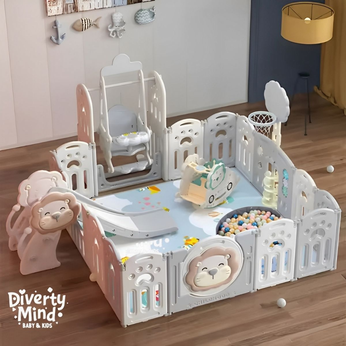 GENERICO - CORRAL CON ZONA DE JUEGOS INFANTIL LEONCITO GRIS 185X185 CM