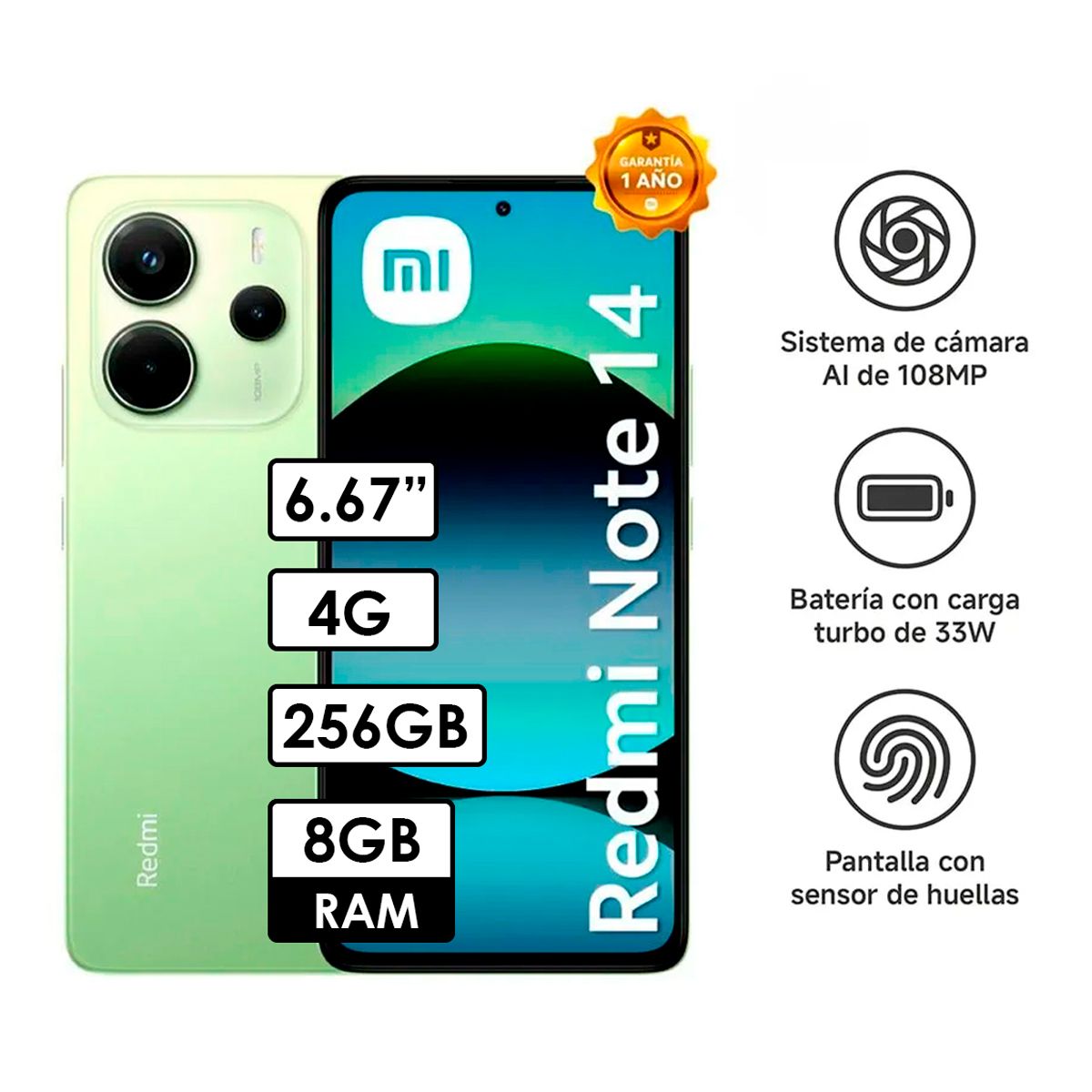 XIAOMI - Celular Redmi Note 14 4G 8GB RAM/ 256GB Verde
