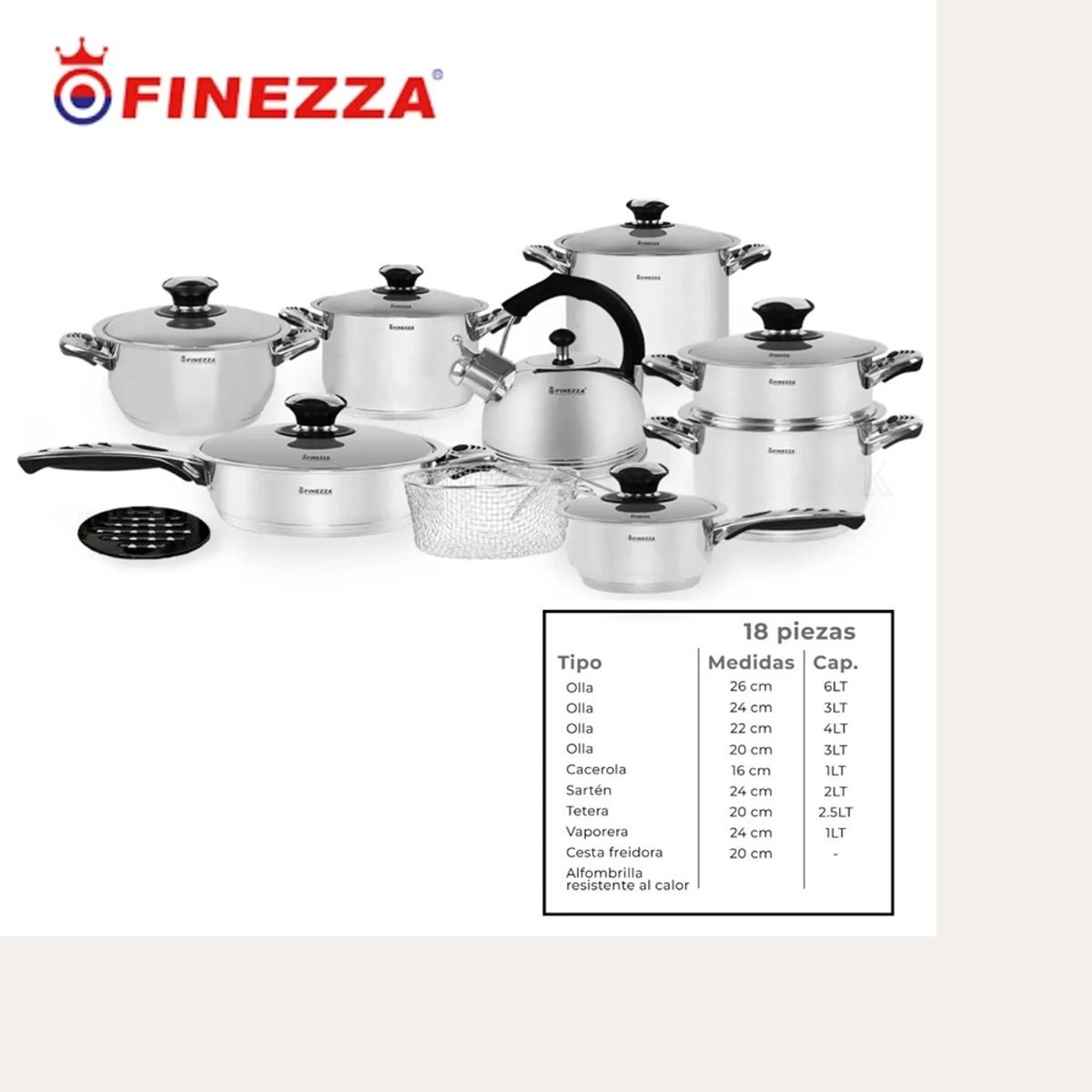 FINEZZA - Juego de Ollas de Acero Inoxidable FINEZZA 18 Pzas