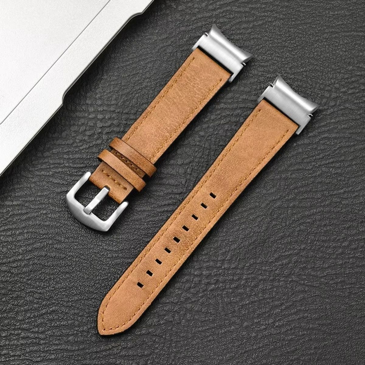 GENERICO - Correa Cuero Samsung Watch 4-5-6-7 Huawei 20mm Plata-Marron Claro