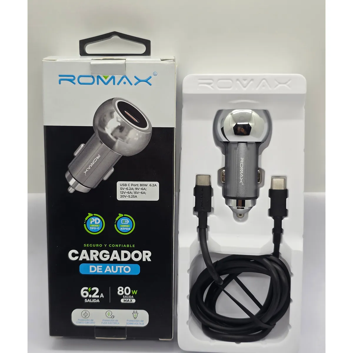 ROMAX - CARGADOR ROMAX PARA CARRO PORT PD INCLUYE CABLE DATOS TIPO C 80W