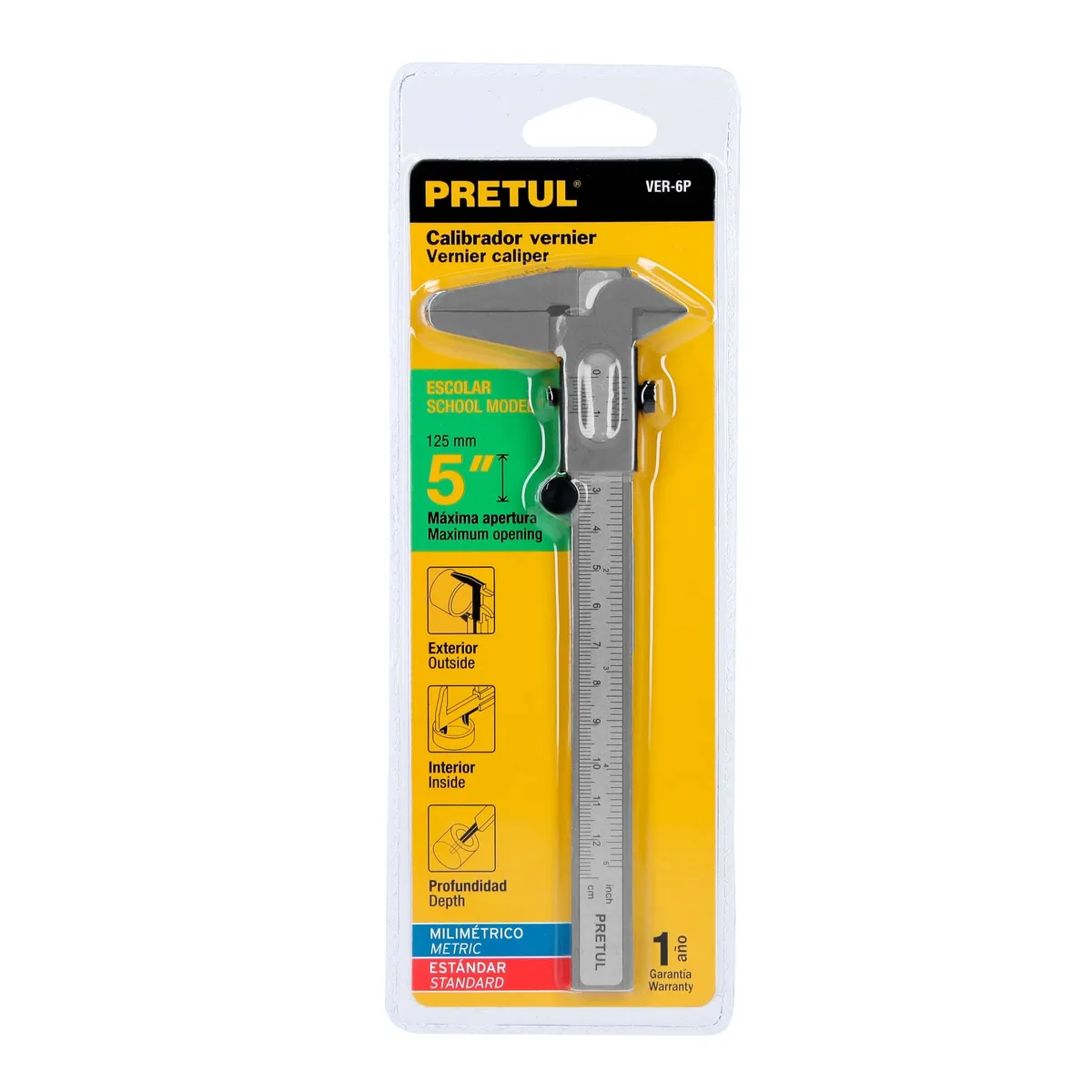 PRETUL - Calibrador vernier escolar 5", acero, std y mm, PRETUL - 21454