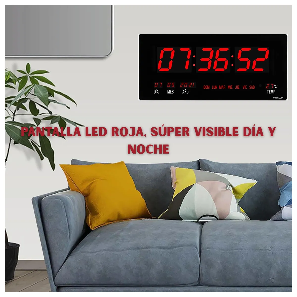 PENTHA - Reloj Digital de Pared 46 x 22 cm Fecha, Hora y Temperatura Rojo Led