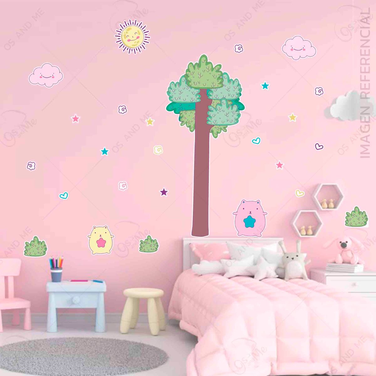 GENERICO - Vinil infantil Gatos y entrellas con arbol habitacion niña divertida