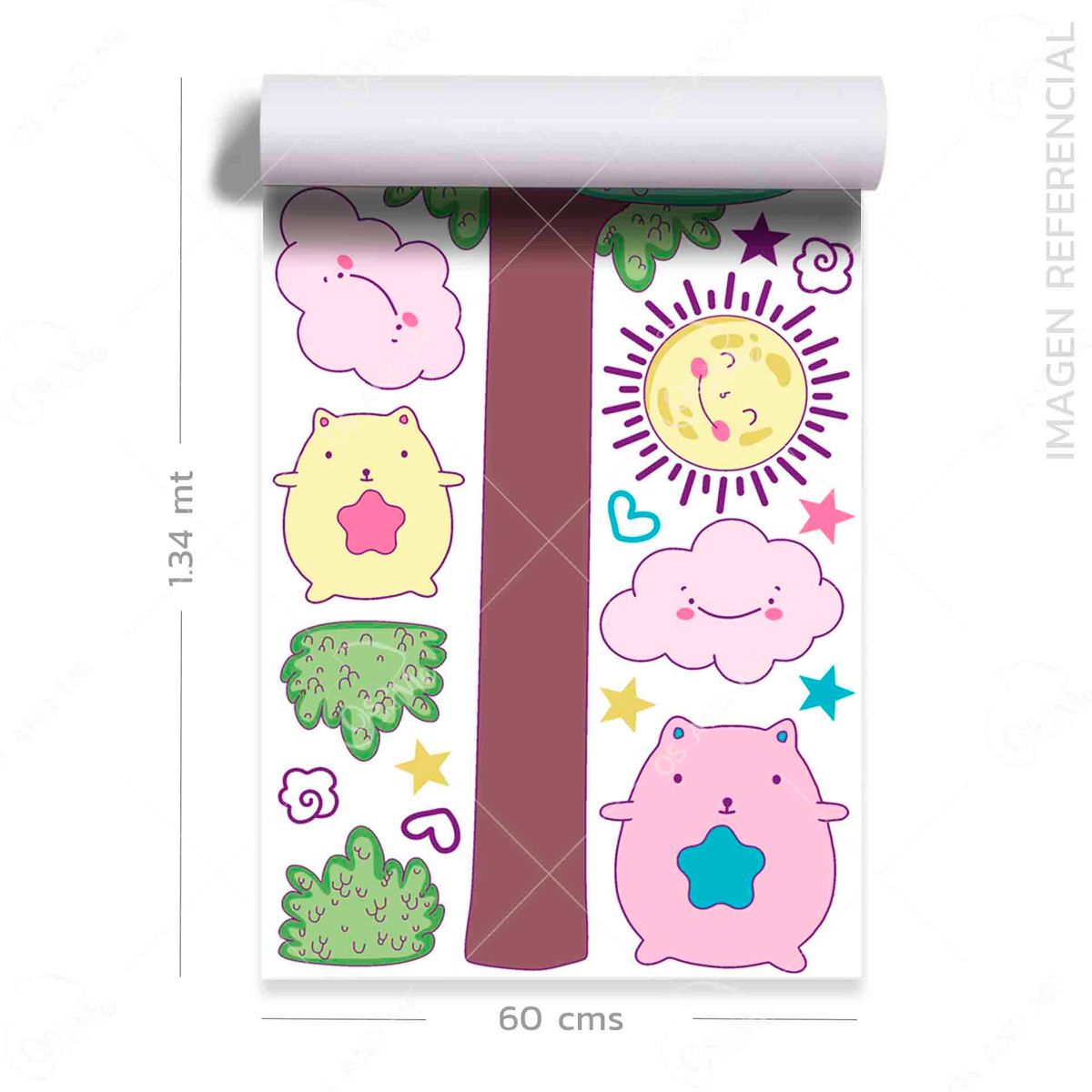 GENERICO - Vinil infantil Gatos y entrellas con arbol habitacion niña divertida