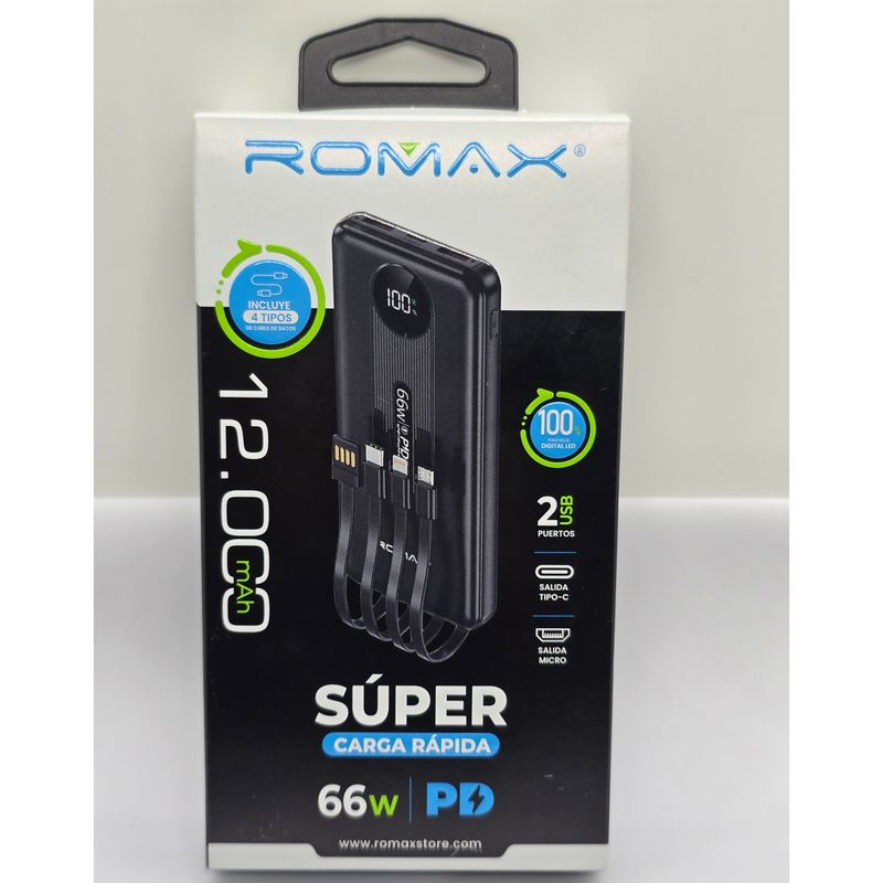 ROMAX - CARGADOR ROMAX POWER BANK 12000mAh 2PORT USB+PD 66W