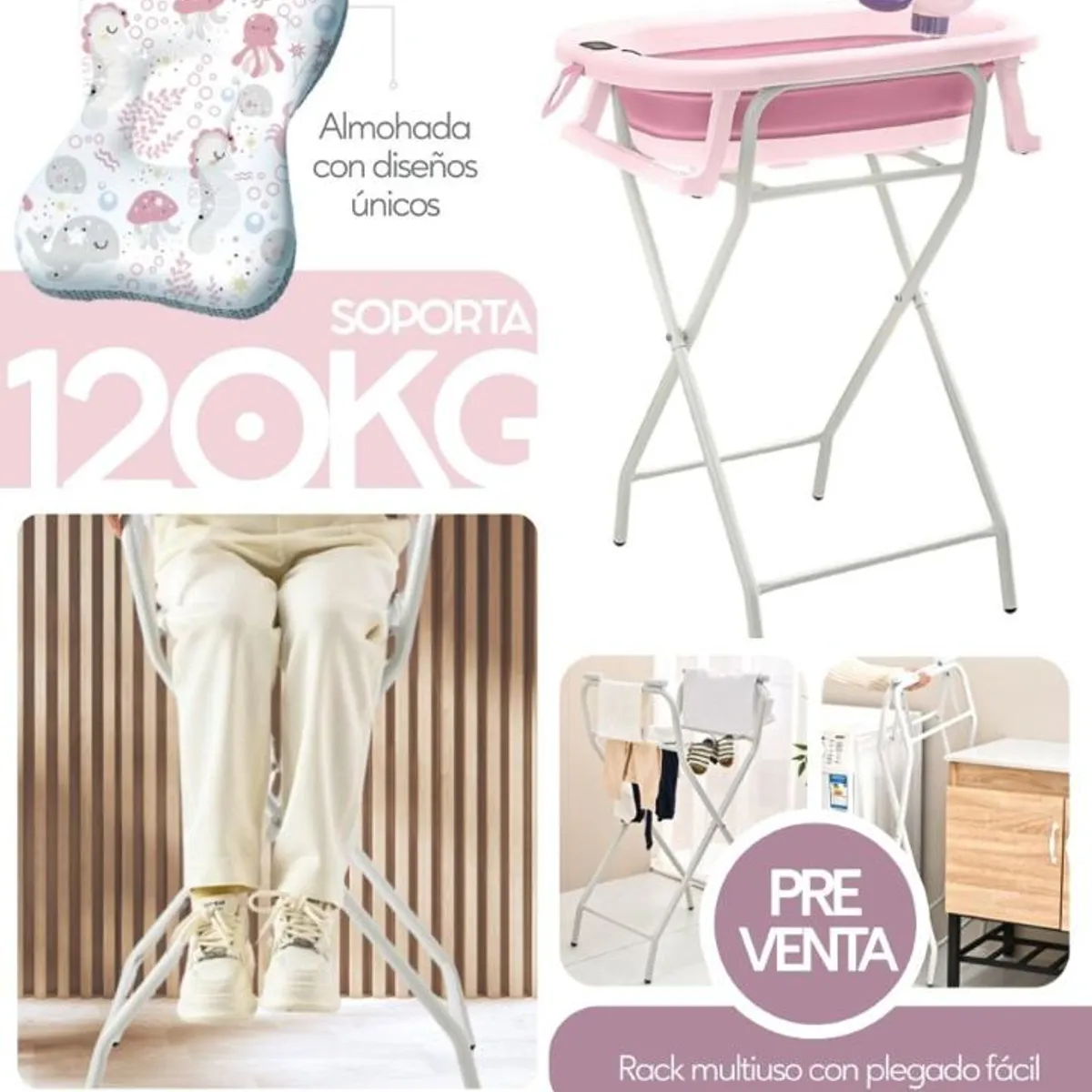 CAM - BAÑERA  SPLASH ROSADO CON RACK DE SOPORTE Y ACCESORIOS