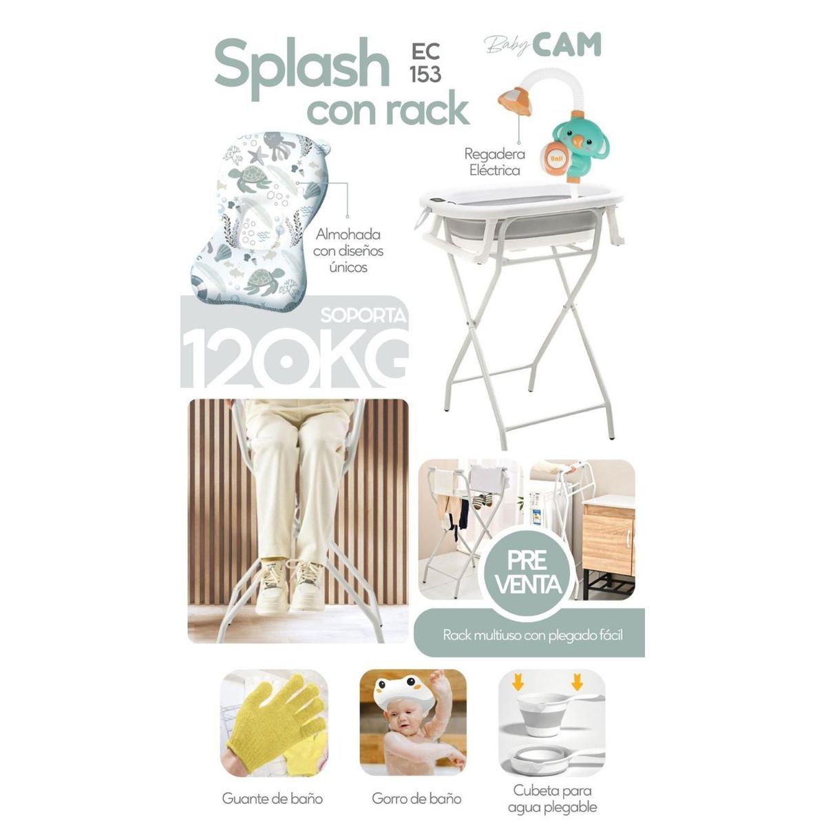 CAM - BAÑERA  SPLASH GRIS CON RACK DE SOPORTE Y ACCESORIOS