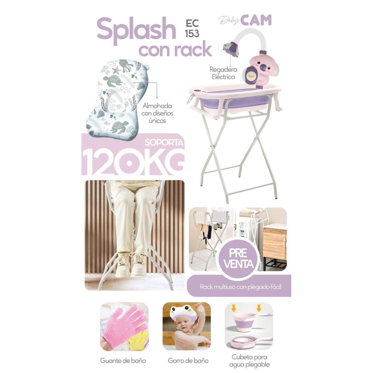 CAM - BAÑERA  SPLASH LILA CON RACK DE SOPORTE Y ACCESORIOS