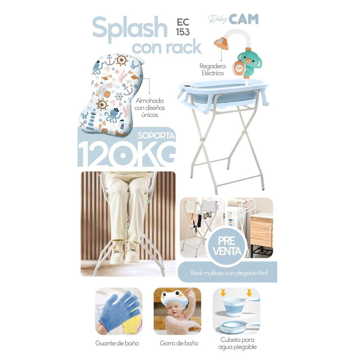 CAM - BAÑERA  SPLASH CELESTE CON RACK DE SOPORTE Y ACCESORIOS
