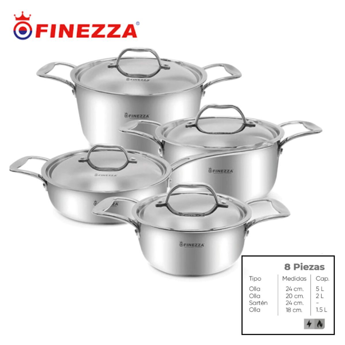 FINEZZA - JUEGO DE OLLAS EN ACERO INOXIDABLE DE 8 PIEZAS FINEZZA