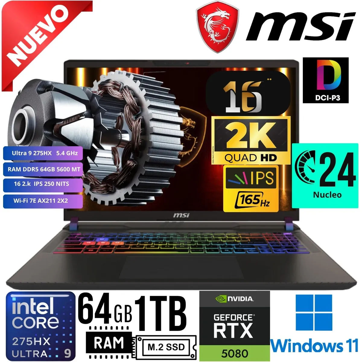 MSI - Laptop MSI VECTOR 16 HX AI A2XWIG 16"2K 164HZ Ultra i9 275HX RAM 64GB. SSD 1TB.  RTX 5080 16GB W11
