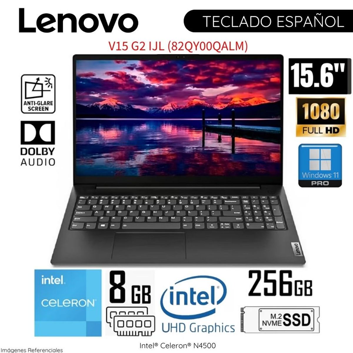 LENOVO - Laptop Lenovo V15 G2 IJL 15.6"   FHD Intel Celeron N4500 8GB RAM 256GB SSD 82QY00QALM - Negro
