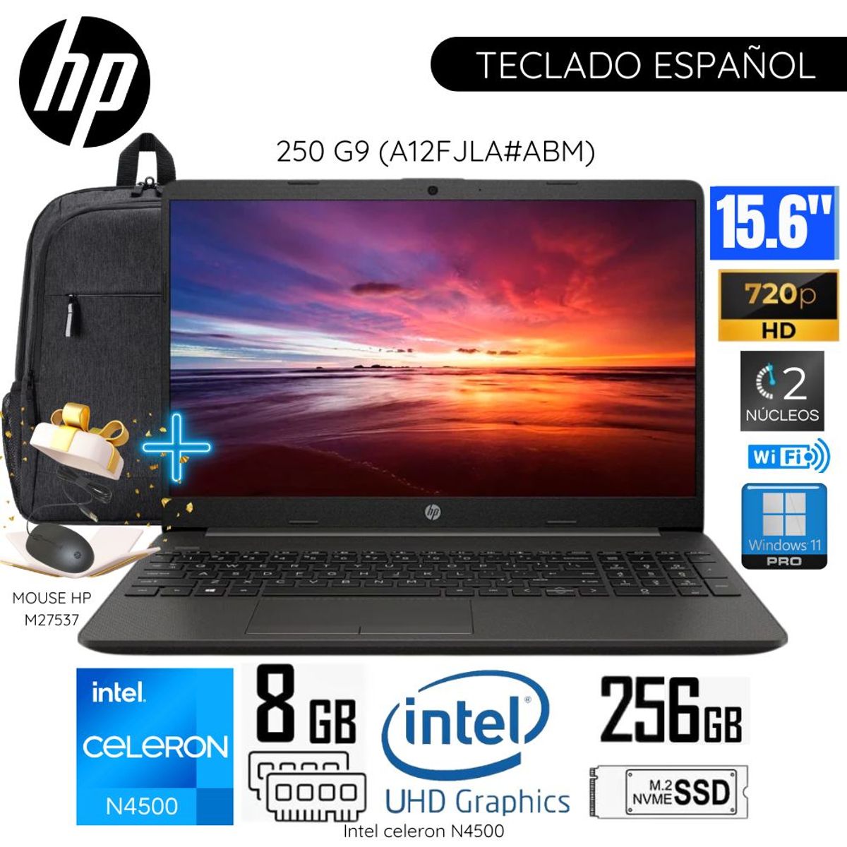HP - Laptop HP 250 G9 Intel Celeron N4500 8GB RAM 256GB SSD 15.6" Pulg. HD (A12FJLA#ABM)-Plomo Oscuro