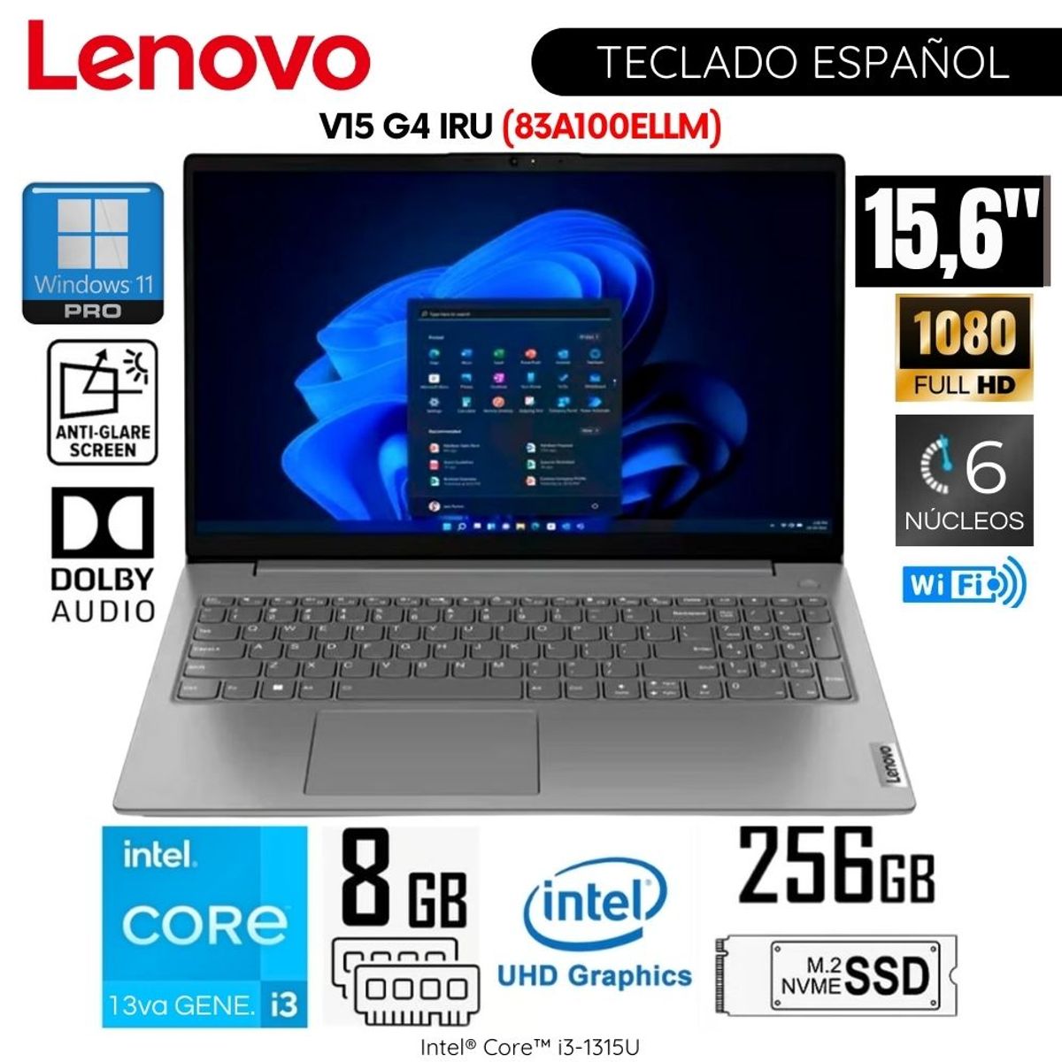 LENOVO - Laptop Lenovo V15 G4 IRU Intel Core i3-1315U 8GB RAM 256GB SSD 15,6  pulg FHD - 83A100ELLM