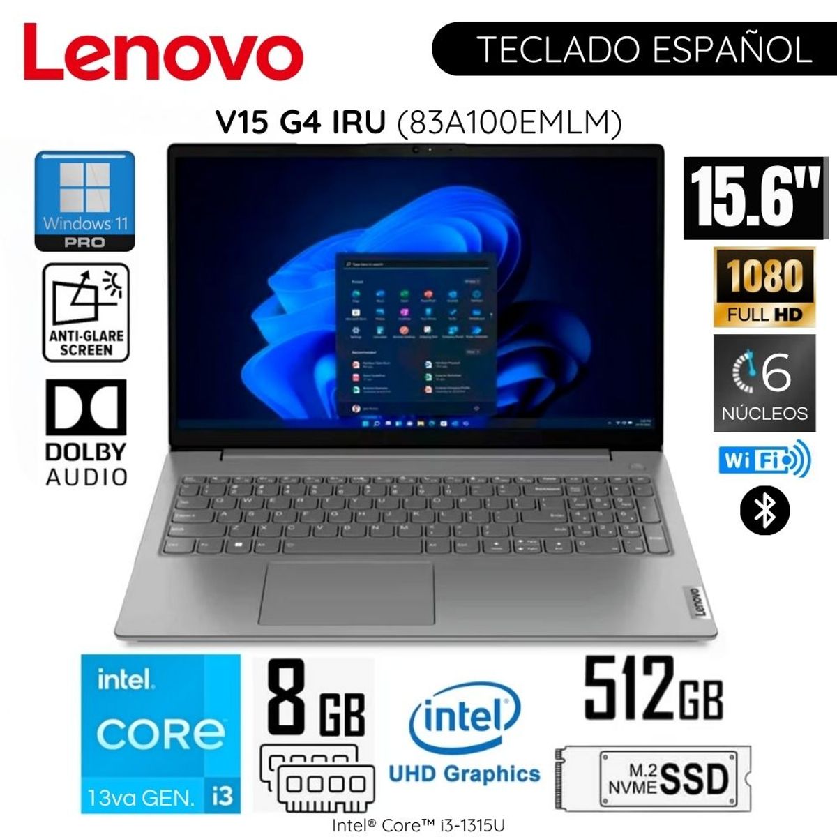 LENOVO - Laptop Lenovo V15 G4 IRU Intel Core i3-1315U 8GB RAM 512GB SSD 15.6"  FHD Free Dos - 83A100EMLM
