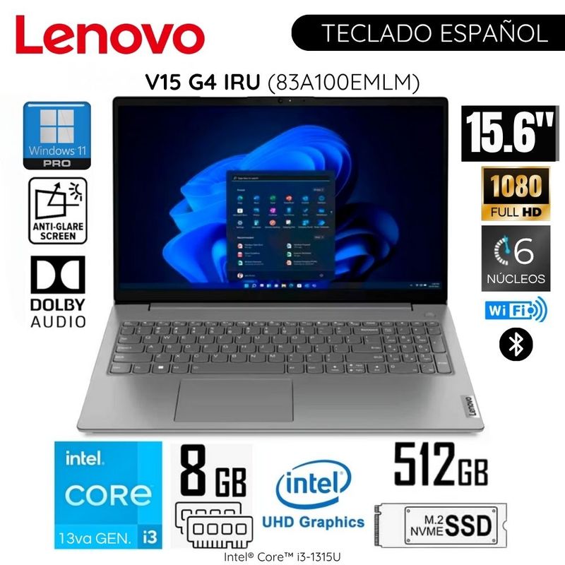 LENOVO - Laptop Lenovo V15 G4 IRU Intel Core i3-1315U 8GB RAM 512GB SSD 15.6"  FHD Free Dos - 83A100EMLM