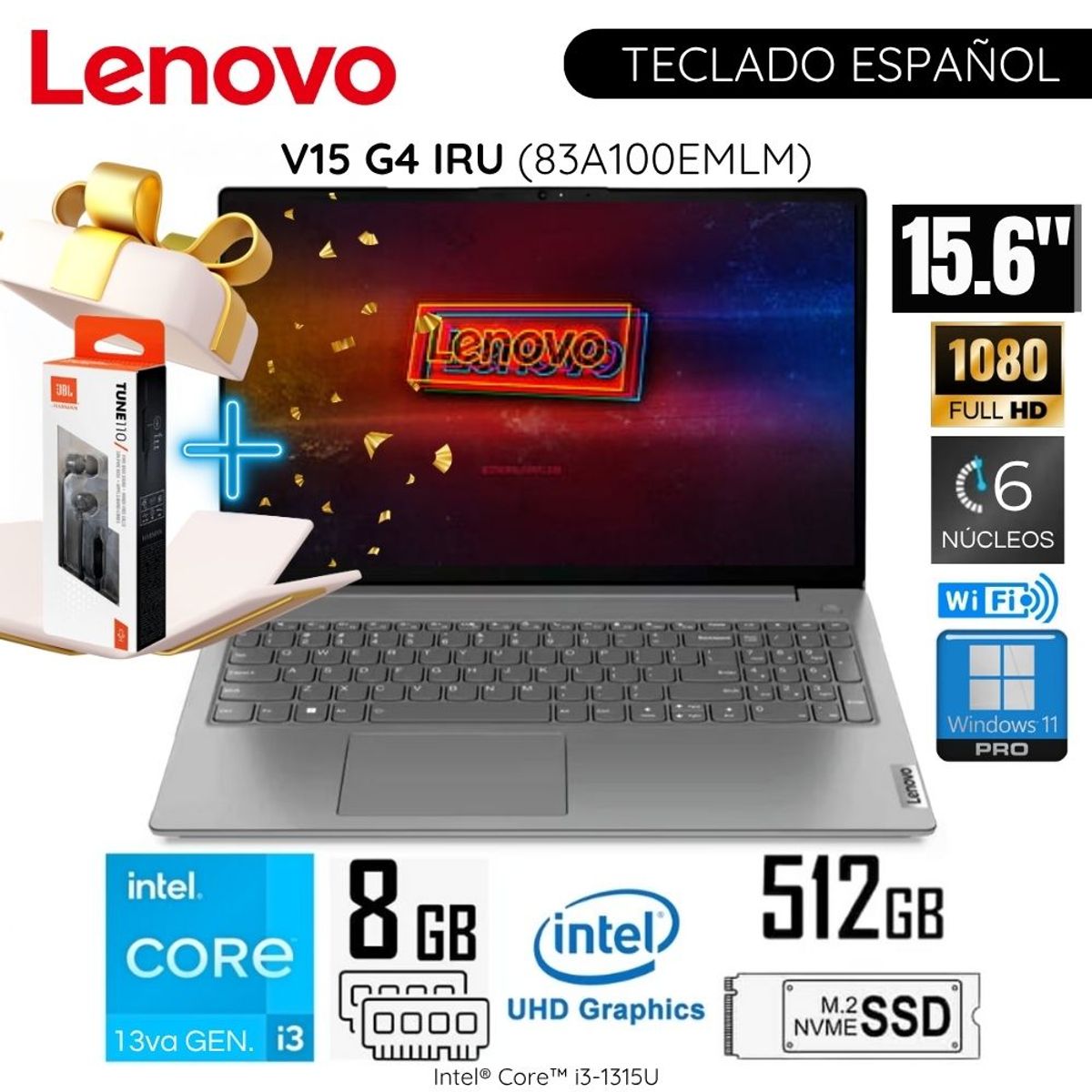 LENOVO - Laptop Lenovo V15 G4 IRU Intel Core i3-1315U 8GB RAM 512GB SSD 15.6"  FHD 83A100EMLM + Regalo