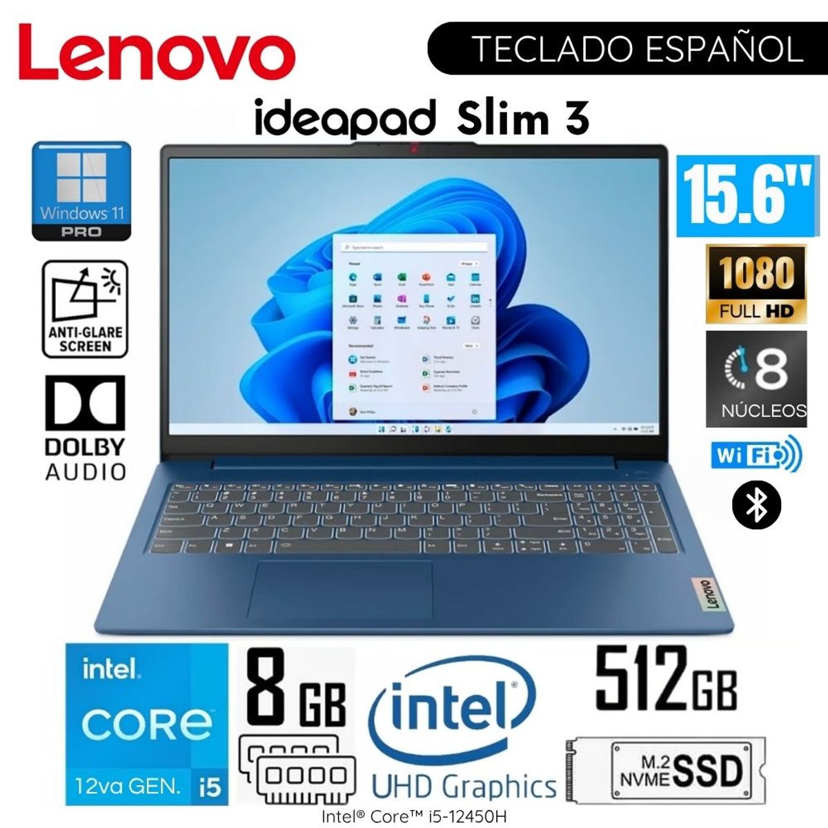 LENOVO - Laptop Lenovo Ideapad Slim 3 15IAH8 Intel Core i5-12450H 8GB RAM 512GB SSD 15.6" FHD - 83ER001CLM