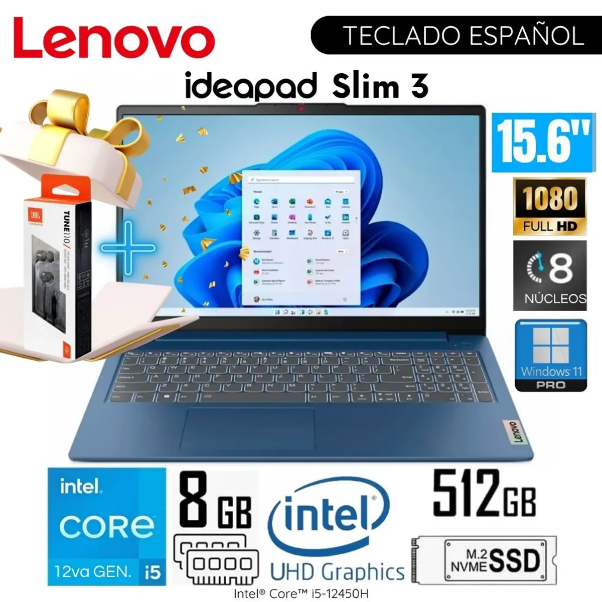 LENOVO - Laptop Lenovo Ideapad Slim 3 15IAH8 Intel Core i5-12450H 8GB RAM 512GB SSD 15.6" FHD - 83ER001CLM