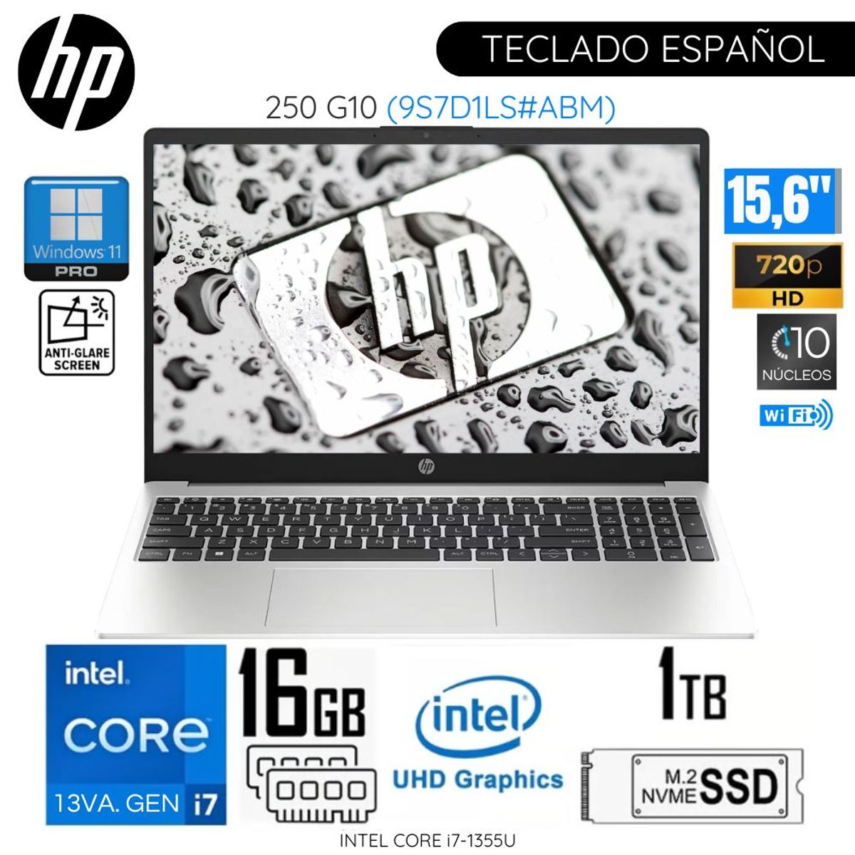 HP - Laptop HP 250 G10 Intel Corei7-1355U 16GB RAM 1TB SSD 15.6"  HD Silver Win11 - 9S7D1LS